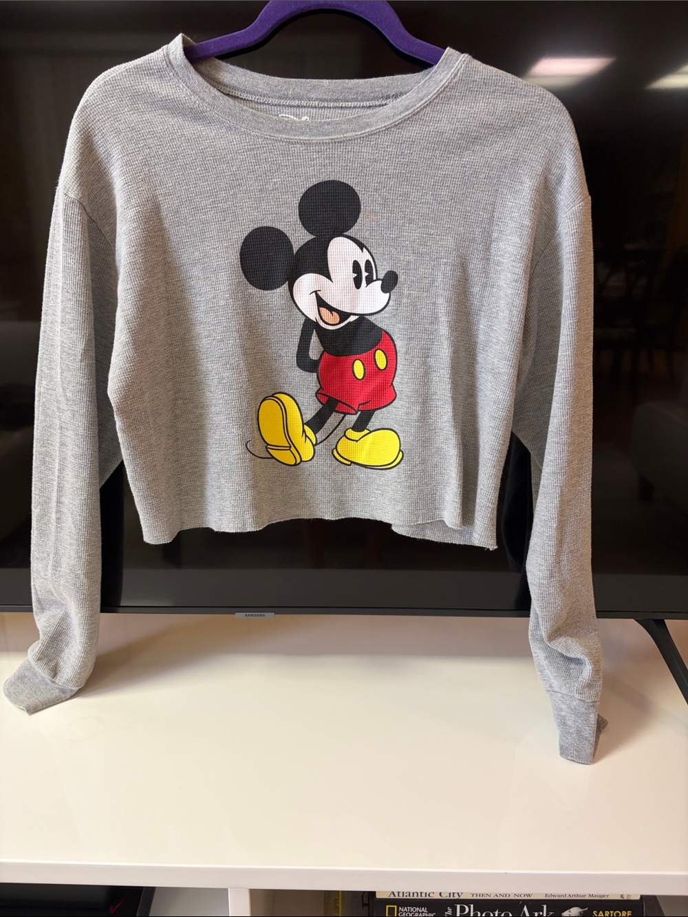 Disney Mikey Mouse Gray Long Sleeve Crop Top in Gray Waffle-knit